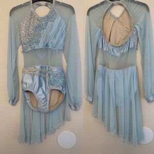 Custom solo Dance Costume blue rhinestone illusion Mesh Dress SA-Small adult